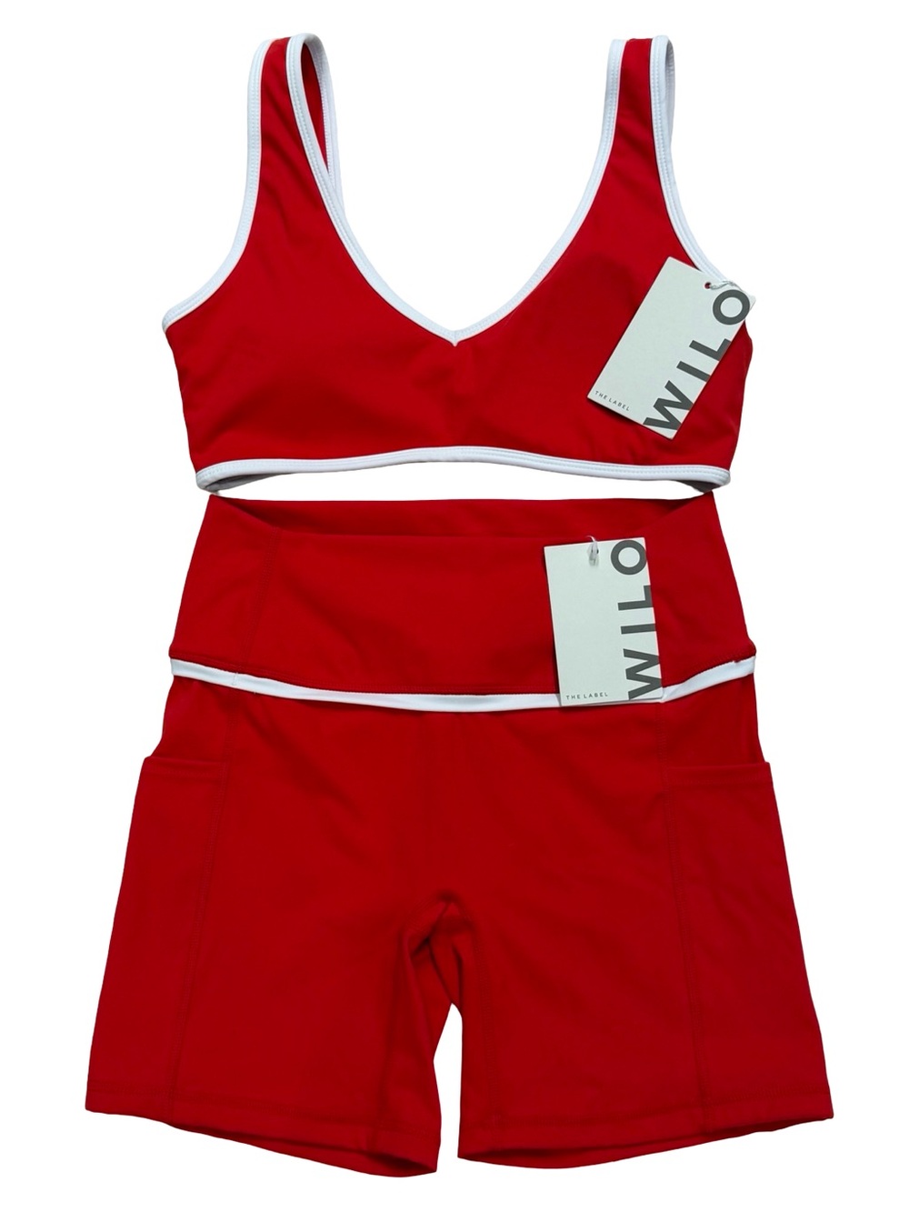 Wilo The Label White Contrast Trim Red Sports Bra & Biker Short Set M NWT - Picture 2 of 8